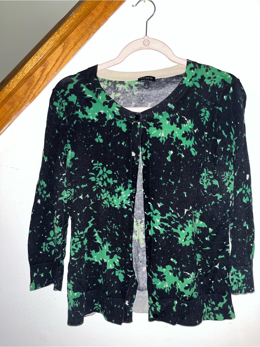 Talbots Black Cardigan with Green Floral Print